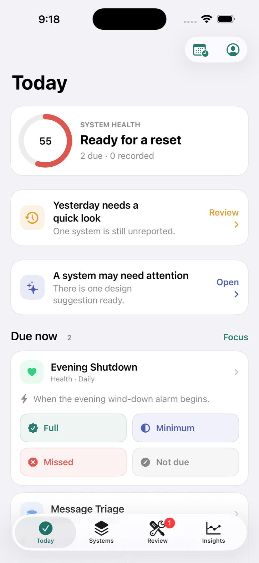 Bight Today dashboard showing system health and focused check-in options
